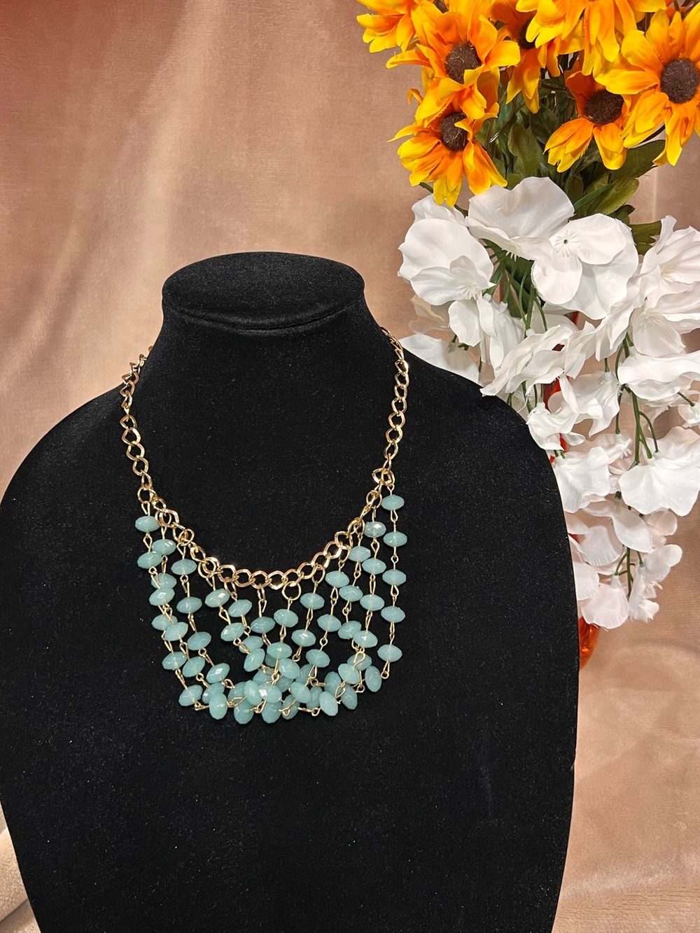 Gold and Blue-Green Beaded Layered Boho Statement Necklace